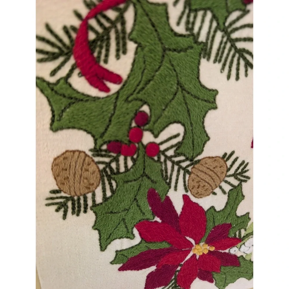 Vintage Christmas Wreath Noel Ribbon Crewel Gold Framed Artwork Holiday Decor